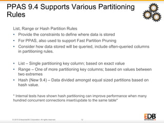 © 2015 EnterpriseDB Corporation. All rights reserved. 12
List, Range or Hash Partition Rules
•  Provide the constraints to define where data is stored
•  For PPAS, also used to support Fast Partition Pruning
•  Consider how data stored will be queried, include often-queried columns
in partitioning rules.
•  List – Single partitioning key column; based on exact value
•  Range – One of more partitioning key columns; based on values between
two extremes
•  Hash (New 9.4) – Data divided amongst equal sized partitions based on
hash value.
* Internal tests have shown hash partitioning can improve performance when many
hundred concurrent connections insert/update to the same table*
PPAS 9.4 Supports Various Partitioning
Rules
 