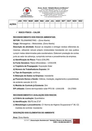 SESMT | Associação Assistencial “Adolpho Bezerra de Menezes”
CNPJ: 44.868.644.0001/71
31
AÇÕES
JAN FEV MAR ABR MAI JUN JUL AGO SET OUT NOV DEZ

 RISCO FÍSICO – CALOR
RECONHECIMENTO DOS RISCOS AMBIENTAIS:
SETOR: TELEMARKETING – (Zona Aberta)
Cargo: Mensageiros – Motociclista. (Zona Aberta)
Descrição da atividade: Buscar as doações e entregar recibos referentes às
mesmas, utilizando veículo próprio (motocicleta) transitando em vias publica
cumprir metas determinadas pela coordenadora. Elaboram prestação de contas
junto ao setor de cobrança, cumprindo normas e procedimentos da empresa.
a) Identificação do Risco: Físico (CALOR)
b) Fonte Geradora: Raios Ultravioletas – UVA/UVB
c) Trajetória de Propagação: Exposição Solar
d) Número de Trabalhadores Exposto: 04
e) Tipo de Exposição: contínua
f) Obtenção de Dados na Empresa: inexistente
g) Possíveis Danos a Saúde: Cãibras, insolação, esgotamento e possibilidade
de acidente vascular (A.V.C)
h) Medida de Controle já Existente: Sim
EPI utilizado: Creme dermoprotetor solar PFS 58 - UVA/UVB CA 27893
RECONHECIMENTO E AVALIAÇÃO DOS RISCOS
a) Critério de avaliação: Quantitativo
b) Identificação: IBUTG de 27,6º
c) Metodologia e procedimento: C1 Norma de Higiene Ocupacional n 06; C2
medidas de controle: inexistente;
DESCRIÇÃO DOS ELEMENTOS DO AMBIENTE
Área: Zona Aberta
 