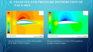 II. VELOCITY AND PRESSURE DISTRIBUTION OF
NACA-4412
Velocity distribution over NACA 4412 aerofoil
for an angle of attack 0 degree.
Pressure distribution over NACA 4412 aerofoil for
an angle of attack 0 degree.
 
