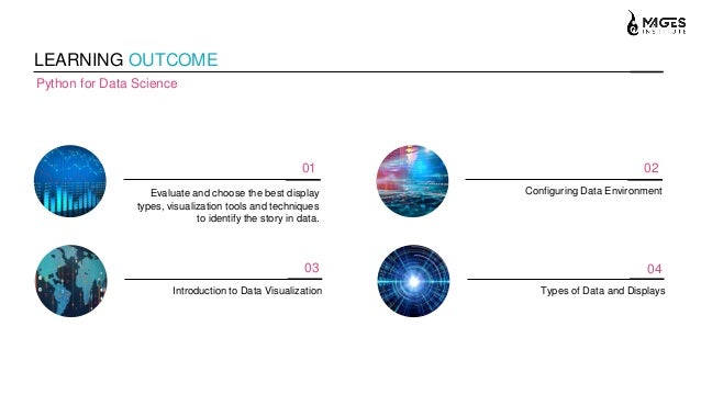 LEARNING OUTCOME
Python for Data Science
Evaluate and choose the best display
types, visualization tools and techniques
to identify the story in data.
01
Introduction to Data Visualization
03
Configuring Data Environment
02
Types of Data and Displays
04
 