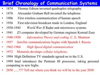 • 1874 Thomas Edison invented quadruplex telegraphy
• 1876 Alexander Graham Bell invented the telephone
• 1906 First wireless communication of human speech
• 1936 First television broadcast made in London, England
• 1938-1945 World War II Radar and microwave systems
• 1941 Z3 computer developed by German engineer Konrad Zuse
• 1948-1950 Information Theory and coding. C. E. Shannon
• 1957 Satellite communications begins with Sputnik I. Russia
• 1962-1966 High Speed digital communication
• 1972 Motorola develops cellular telephone.
• 1994 High Definition TV standards agreed on in the U.S.
• 1999 Intel introduces the Pentium III processor, taking personal
computing to new highs.
• 2050 ......??? Tell me where you think we will be in the year 2050
Brief Chronology of Communication Systems
 