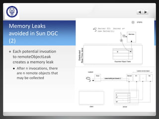 Memory Leaks
avoided in Sun DGC
(2)
 Each potential invoation
to remoteObjectLeak
creates a memory leak
 After n invocations, there
are n remote objects that
may be collected
10
 