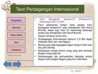 c. Teori Keunggulan Komparatif (Comparative
Advantage) oleh J.S Mill
Teori sebenarnya hampir sama dengan teori
keunggulan komparatif yang disampaikan oleh David
Ricardo, hanya saja teori ini menentang beberapa
asumsi yag dismapaikan oleh David Ricardo.
Asumsi tersebut antara lain:
 Perdangangan Internasional menurut J.S Mill dapat
dilakukan lebih dari dua Negara
 Barang yang diperdagangkan dapat meliputi lebih dari
dua jenis barang
 Kemampuan tenaga antara orang yang satu berbeda
dengan orang yang lain
 Perkembangan dan pertumbuhna teknologi antara
Negara satu dengan Negara yang lain tidak sama.
Kebijakan
Teori
Faktor-faktor
Manfaat
Pengertian
Teori Perdagangan Internasional
 
