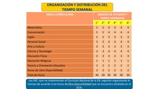 ORGANIZACIÓN Y DISTRIBUCIÓN DEL
TIEMPO SEMANAL
ÁREAS CURRICULARES GRADOS DE ESTUDIOS Y
HORAS ASIGNADAS
1° 2° 3° 4° 5° 6°
Matemática 5 5 4 4 4 4
Comunicación 5 5 4 4 4 4
Inglés 2 2 3 3 3 3
Personal Social 3 3 4 4 4 4
Arte y Cultura 3 3 3 3 3 3
Ciencia y Tecnología 3 3 4 4 4 4
Educación Física 3 3 3 3 3 3
Educación Religiosa 1 1 1 1 1 1
Tutoría y Orientación Educativa 2 2 2 2 2 2
Horas de Libre Disponibilidad 3 3 2 2 2 2
Total de Horas 30 30 30 30 30 30
Las IIEE. que no implementen el Currículo Nacional de la EB, seguirán organizando el
tiempo de acuerdo a las horas de libre disponibilidad que se encuentra señalado en el
DCN.
MAG.NATALY MORÁN ARAUJO
 