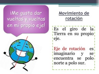 Movimiento de
rotación
Es el giro de la
Tierra en su propio
eje.
Eje de rotación es
imaginario y se
encuentra se polo
norte a polo sur.
¡Me gusta dar
vueltas y vueltas
en mi propio eje!
 