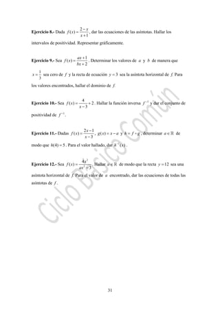 31
Ejercicio 8.- Dada
2
( )
1
x
f x
x
−
=
+
, dar las ecuaciones de las asíntotas. Hallar los
intervalos de positividad. Representar gráficamente.
Ejercicio 9.- Sea
1
( )
2
ax
f x
bx
+
=
+
. Determinar los valores de a y b de manera que
1
3
x = sea cero de f y la recta de ecuación 3y = sea la asíntota horizontal de f. Para
los valores encontrados, hallar el dominio de f.
Ejercicio 10.- Sea
4
( ) 2
3
f x
x
= +
−
. Hallar la función inversa 1
f −
y dar el conjunto de
positividad de 1
f −
.
Ejercicio 11.- Dadas
2 1
( )
3
x
f x
x
−
=
−
, ( )g x x a= − y h f g= , determinar a∈ de
modo que (4) 5h = . Para el valor hallado, dar 1
( )h x−
.
Ejercicio 12.- Sea
2
2
4
( )
3
x
f x
ax
=
−
. Hallar a∈ de modo que la recta 12y = sea una
asíntota horizontal de f. Para el valor de a encontrado, dar las ecuaciones de todas las
asíntotas de f .
 