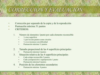 CORRECCIÓN Y EVALUACIÓN
• Corrección por separado de la copia y de la reprodcción
• Puntuación máxima 31 puntos
• CRITERIOS:
1. Número de elementos 1punto por cada elemento reconocible
• ½ cruz superficie
• ½ por los dos puntos como círculos
• ½ si se reconoce con dificultad
• Puntuación máxima 11 puntos
2. Tamaño propocional de las 4 superficies principales
• Puntuación máxima 4 puntos
3. Situación relativa de las 4 superficies principales
• Cada solape reconocible 2 puntos
• Cada yuxtaposición o superposición 1 punto
• Puntuación máxima 8 puntos
4. Posición de los elementos secundarios
• Puntuación máxima 8 puntos
 