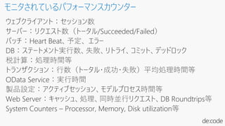 ウェブクライアント：セッション数
サーバー：リクエスト数（トータル/Succeeded/Failed）
バッチ：Heart Beat、予定、 エラー
DB：ステートメント実行数、失敗、リトライ、コミット、デッドロック
税計算：処理時間等
トランザクション：行数（トータル・成功・失敗）平均処理時間等
OData Service：実行時間
製品設定：アクティブセッション、モデルプロセス時間等
Web Server：キャッシュ、処理、同時並行リクエスト、DB Roundtrips等
System Counters – Processor, Memory, Disk utilization等
モニタされているパフォーマンスカウンター
 
