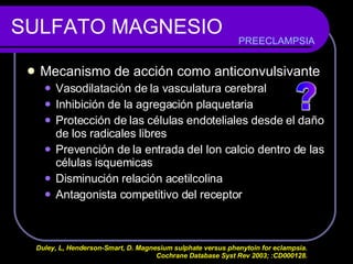 SULFATO MAGNESIO Mecanismo de acción como anticonvulsivante Vasodilatación de la vasculatura cerebral Inhibición de la agregación plaquetaria Protección de las células endoteliales desde el daño de los radicales libres Prevención de la entrada del Ion calcio dentro de las células isquemicas Disminución relación acetilcolina Antagonista competitivo del receptor  PREECLAMPSIA Duley, L, Henderson-Smart, D. Magnesium sulphate versus phenytoin for eclampsia.  Cochrane Database Syst Rev 2003; :CD000128.  ? 