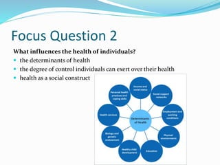 Focus Question 2 
What influences the health of individuals? 
 the determinants of health 
 the degree of control individuals can exert over their health 
 health as a social construct 
 