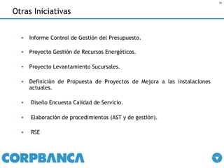 Otras Iniciativas Informe Control de Gestión del Presupuesto. Proyecto Gestión de Recursos Energéticos. Proyecto Levantamiento Sucursales. Definición de Propuesta de Proyectos de Mejora a las instalaciones actuales. Diseño Encuesta Calidad de Servicio. Elaboración de procedimientos (AST y de gestión). RSE 