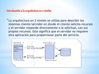 *La arquitectura en 2 niveles se utiliza para describir los
sistemas cliente/servidor en donde el cliente solicita recursos
y el servidor responde directamente a la solicitud, con sus
propios recursos. Esto significa que el servidor no requiere
otra aplicación para proporcionar parte del servicio.
 