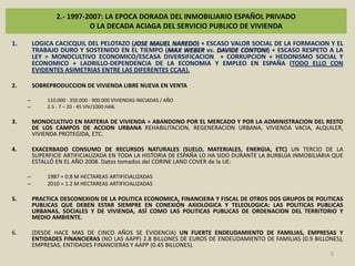 2.- 1997-2007: LA EPOCA DORADA DEL INMOBILIARIO ESPAÑOL PRIVADO O LA DECADA ACIAGA DEL SERVICIO PUBLICO DE VIVIENDALOGICA CACICQUIL DEL PELOTAZO (JOSE MAUEL NAREDO) + ESCASO VALOR SOCIAL DE LA FORMACION Y EL  TRABAJO DURO Y SOSTENIDO EN EL TIEMPO (MAX WEBER vs. DAVIDE CONTONI) + ESCASO RESPETO A LA LEY = MONOCULTIVO ECONOMICO/ESCASA DIVERSIFICACION  + CORRUPCION + HEDONISMO SOCIAL Y ECONOMICO + LADRILLO-DEPENDENCIA DE LA ECONOMIA Y EMPLEO EN ESPAÑA (TODO ELLO CON EVIDENTES ASIMETRIAS ENTRE LAS DIFERENTES CCAA).SOBREPRODUCCION DE VIVIENDA LIBRE NUEVA EN VENTA 110.000 - 350.000 - 900.000 VIVIENDAS INICIADAS / AÑO2.5 - 7 – 20 - 45 VIV/1000 HAB.MONOCULTIVO EN MATERIA DE VIVIENDA = ABANDONO POR EL MERCADO Y POR LA ADMINISTRACION DEL RESTO DE LOS CAMPOSDE ACCION URBANA REHABILITACION, REGENERACION URBANA, VIVIENDA VACIA, ALQUILER, VIVIENDA PROTEGIDA, ETC.EXACERBADO CONSUMO DE RECURSOS NATURALES (SUELO, MATERIALES, ENERGIA, ETC) UN TERCIO DE LA SUPERFICIE ARTIFICIALIZADA EN TODA LA HISTORIA DE ESPAÑA LO HA SIDO DURANTE LA BURBUJA INMOBILIARIA QUE ESTALLÓ EN EL AÑO 2008. Datos tomados del CORINE LAND COVER de la UE:1987 = 0.8 M HECTAREAS ARTIFICIALIZADAS2010 = 1.2 M HECTAREAS ARTIFICIALIZADASPRACTICA DESCONEXION DE LA POLITICA ECONOMICA, FINANCIERA Y FISCAL DE OTROS DOS GRUPOS DE POLITICAS PUBLICAS QUE DEBEN ESTAR SIEMPRE EN CONEXIÓN AXIOLOGICA Y TELEOLOGICA: LAS POLITICAS PUBLICAS URBANAS, SOCIALES Y DE VIVIENDA, ASÍ COMO LAS POLITICAS PUBLICAS DE ORDENACION DEL TERRITORIO Y MEDIO AMBIENTE.(DESDE HACE MAS DE CINCO AÑOS SE EVIDENCIA) UN FUERTE ENDEUDAMIENTO DE FAMILIAS, EMPRESAS Y ENTIDADES FINANCIERAS (NO LAS AAPP) 2.8 BILLONES DE EUROS DE ENDEUDAMIENTO DE FAMILIAS (0.9 BILLONES), EMPRESAS, ENTIDADES FINANCIERAS Y AAPP (0.45 BILLONES).5