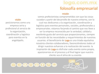 visión
posicionarnos como una
empresa seria y
profesional al servicio de
la organización,
coordinación y logística
para eventos en la
angelópolis.
misión
somos profesionistas comprometidos con que las cosas
sucedan a partir del desarrollo de nuestro entorno, con lo
cual nos dedicamos a la organización, coordinación y
logística para eventos personales, sociales, profesionales y
empresariales. estamos forjando el camino que nos lleve a
ser la empresa reconocida por la seriedad, calidad y
excelente gusto del servicio que proporcionamos, siempre
en función de las necesidades y requerimientos de nuestros
usuarios. el beneficiario de Loga es una triada equitativa
nosotros-clientes-colaboradores, favoreciéndonos todos al
dirigir nuestros esfuerzos a la realización del evento. la
inspiración de Loga es disfrutar cada evento como propio,
apasionarnos en el proceso y al final lograr que nuestro
cliente sea el alma de su evento.
folosofía empresarial
 