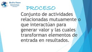 PROCESO
Conjunto de actividades
relacionadas mutuamente o
que interactúan para
generar valor y las cuales
transforman elementos de
entrada en resultados.
 