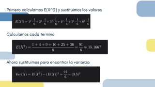 Primero calculamos E(X^2) y sustituimos los valores
Calculamos cada termino
Ahora sustituimos para encontrar la varianza
 