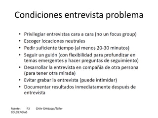 Condiciones entrevista problema




Fuente:   P3   Chile-GHidalgo/Taller
COLCIENCIAS
 