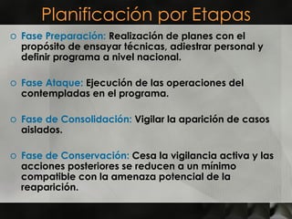 Planificación por Etapas Fase Preparación:  Realización de planes con el propósito de ensayar técnicas, adiestrar personal y definir programa a nivel nacional. Fase Ataque:  Ejecución de las operaciones del contempladas en el programa. Fase de Consolidación:  Vigilar la aparición de casos aislados. Fase de Conservación:  Cesa la vigilancia activa y las acciones posteriores se reducen a un mínimo compatible con la amenaza potencial de la reaparición. 