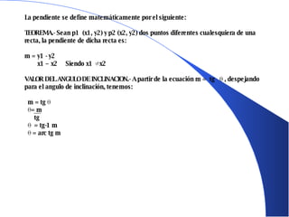 La pendiente se define matemáticamente por el siguiente: TEOREMA.- Sean p1  (x1, y2) y p2 (x2, y2) dos puntos diferentes cualesquiera de una recta, la pendiente de dicha recta es: m = y1 - y2   x1 – x2  Siendo x1 ≠ x2 VALOR DEL ANGULO DE INCLINACION.- A partir de la ecuación m =  tg  Ө  , despejando para el angulo de inclinación, tenemos:   m = tg  Ө   Ө = m    tg    Ө   = tg-1 m   Ө  = arc tg m 