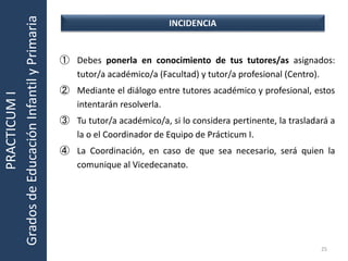 PRACTICUMI
GradosdeEducaciónInfantilyPrimaria
INCIDENCIA
25
① Debes ponerla en conocimiento de tus tutores/as asignados:
tutor/a académico/a (Facultad) y tutor/a profesional (Centro).
② Mediante el diálogo entre tutores académico y profesional, estos
intentarán resolverla.
③ Tu tutor/a académico/a, si lo considera pertinente, la trasladará a
la o el Coordinador de Equipo de Prácticum I.
④ La Coordinación, en caso de que sea necesario, será quien la
comunique al Vicedecanato.
 