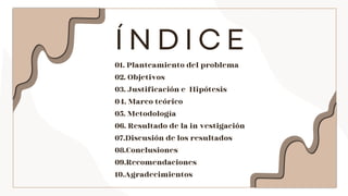 Í N D I C E
01. Planteamiento del problema
02. Objetivos
03. Justificación e Hipótesis
04. Marco teórico
05. Metodología
06. Resultado de la in vestigación
07.Discusión de los resultados
08.Conclusiones
09.Recomendaciones
10.Agradecimientos
 