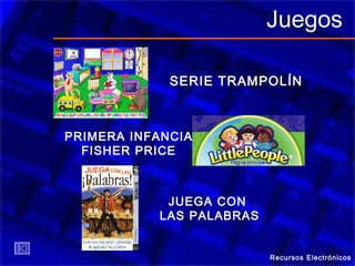 Juegos
SERIE TRAMPOLÍN
PRIMERA INFANCIA
FISHER PRICE
JUEGA CON
LAS PALABRAS
Recursos Electrónicos
 