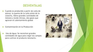 DESVENTAJAS
 Cuando es producido a partir de caña de
azúcar, la quema de la caña antes de la
cosecha, libera grandes cantidades de
metano y óxido nitroso, dos gases que
agravan el calentamiento global
 Contaminación en la Producción
 Uso de Agua: Se necesitan grandes
cantidades de agua para regar los campos
para cultivar el producto necesario.
 