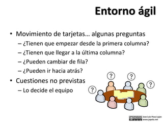 • Movimiento de tarjetas… algunas preguntas
– ¿Tienen que empezar desde la primera columna?
– ¿Tienen que llegar a la última columna?
– ¿Pueden cambiar de fila?
– ¿Pueden ir hacia atrás?
• Cuestiones no previstas
– Lo decide el equipo
Entorno ágil
 