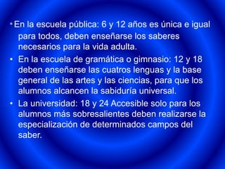 * En la escuela pública: 6 y 12 años es única e igual 
para todos, deben enseñarse los saberes 
necesarios para la vida adulta. 
• En la escuela de gramática o gimnasio: 12 y 18 
deben enseñarse las cuatros lenguas y la base 
general de las artes y las ciencias, para que los 
alumnos alcancen la sabiduría universal. 
• La universidad: 18 y 24 Accesible solo para los 
alumnos más sobresalientes deben realizarse la 
especialización de determinados campos del 
saber. 
 