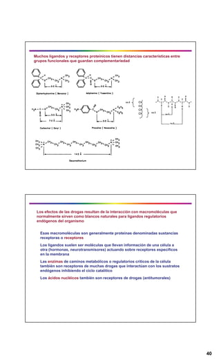 40
Muchos ligandos y receptores proteínicos tienen distancias características entre
grupos funcionales que guardan complementariedad
Los efectos de las drogas resultan de la interacción con macromoléculas que
normalmente sirven como blancos naturales para ligandos regulatorios
endógenos del organismo
Esas macromoléculas son generalmente proteinas denominadas sustancias
receptoras o receptores
Los ligandos suelen ser moléculas que llevan información de una célula a
otra (hormonas, neurotransmisores) actuando sobre receptores específicos
en la membrana
Las enzimas de caminos metabólicos o regulatorios críticos de la célula
también son receptores de muchas drogas que interactúan con los sustratos
endógenos inhibiendo el ciclo catalítico
Los ácidos nucléicos también son receptores de drogas (antitumorales)
 
