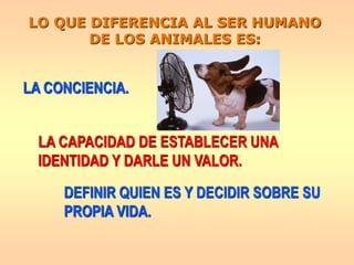 LO QUE DIFERENCIA AL SER HUMANO
DE LOS ANIMALES ES:
LA CAPACIDAD DE ESTABLECER UNA
IDENTIDAD Y DARLE UN VALOR.
DEFINIR QUIEN ES Y DECIDIR SOBRE SU
PROPIA VIDA.
LA CONCIENCIA.
 