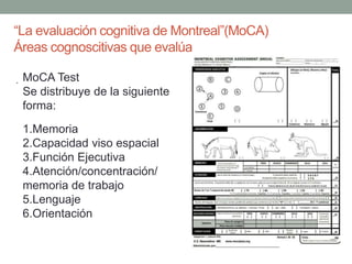 “La evaluación cognitiva de Montreal”(MoCA)
Áreas cognoscitivas que evalúa
. MoCA Test
Se distribuye de la siguiente
forma:
1.Memoria
2.Capacidad viso espacial
3.Función Ejecutiva
4.Atención/concentración/
memoria de trabajo
5.Lenguaje
6.Orientación
 