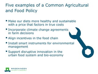 Five examples of a Common Agricultural
and Food Policy
 Make our diets more healthy and sustainable
with a price that factors in true costs
 Incorporate climate change agreements
in farm decisions
 Align incentives in the food chain
 Install smart instruments for environmental
management
 Support disruptive innovation in the
urban food system and bio-economy
 