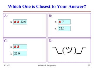 Which One is Closest to Your Answer?
A: B:
8/25/22 Variables & Assignments 32
C: D:
¯_(ツ)_/¯
5
x 7
x 5
x
5
x x
22.0
x
22.0
x
22.0
x 7
x
7
x
 