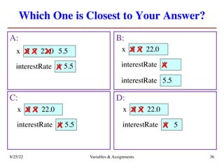 Which One is Closest to Your Answer?
A: B:
8/25/22 Variables & Assignments 36
C: D:
4
interestRate
5
x 7 22.0
x x 5.5
x
5.5
x 4
interestRate
5
x 7 22.0
x x
x
4
interestRate
5
x 7 22.0
x x
5.5
x 4
interestRate
5
x 7 22.0
x x
5
x
5.5
interestRate
 
