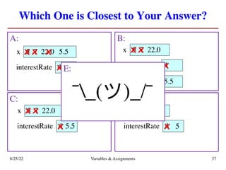 Which One is Closest to Your Answer?
A: B:
8/25/22 Variables & Assignments 37
C: D:
4
interestRate
5
x 7 22.0
x x 5.5
x
5.5
x 4
interestRate
5
x 7 22.0
x x
x
4
interestRate
5
x 7 22.0
x x
5.5
x 4
interestRate
5
x 7 22.0
x x
5
x
5.5
interestRate
E:
¯_(ツ)_/¯
 