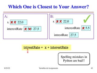 Which One is Closest to Your Answer?
A: B:
8/25/22 Variables & Assignments 43
4
interestRate
5
x 7 22.0
x x
5.5
x 4
interestRate
5
x 7 22.0
x x
x
27.5
intrestRate
5.5
27.5
x
✓
intrestRate = x + interestRate
^
e
Spelling mistakes in
Python are bad!!
 