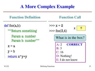 A More Complex Example
Function Definition
def foo(a,b):
"""Return something
Param a: number
Param b: number"""
x = a
y = b
return x*y+y
Function Call
>>> x = 2
>>> foo(3,4)
9/1/22 Defining Functions 15
?
x
What is in the box?
A: 2
B: 3
C: 16
D: Nothing!
E: I do not know
CORRECT
 