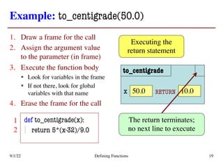 Example: to_centigrade(50.0)
1. Draw a frame for the call
2. Assign the argument value
to the parameter (in frame)
3. Execute the function body
§ Look for variables in the frame
§ If not there, look for global
variables with that name
4. Erase the frame for the call
9/1/22 Defining Functions 19
def to_centigrade(x):
return 5*(x-32)/9.0
to_centigrade
50.0
x
Executing the
return statement
The return terminates;
no next line to execute
RETURN 10.0
2
1
 