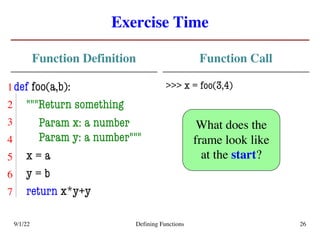 Exercise Time
Function Definition
def foo(a,b):
"""Return something
Param x: a number
Param y: a number"""
x = a
y = b
return x*y+y
Function Call
>>> x = foo(3,4)
9/1/22 Defining Functions 26
5
6
7
What does the
frame look like
at the start?
4
3
2
1
 