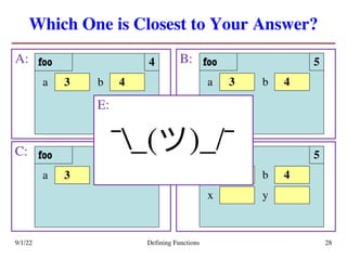 Which One is Closest to Your Answer?
A: B:
9/1/22 Defining Functions 28
C: D:
foo 5
3
a
foo 5
3
a 4
b
x y
foo 4
3
a 4
b
foo 5
3
a 4
b
E:
¯_(ツ)_/¯
 