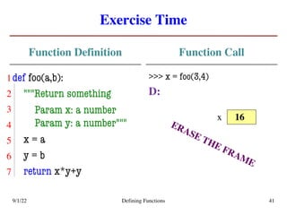 Exercise Time
Function Definition
def foo(a,b):
"""Return something
Param x: a number
Param y: a number"""
x = a
y = b
return x*y+y
Function Call
>>> x = foo(3,4)
D:
9/1/22 Defining Functions 41
16
x
ERASE THE FRAME
5
6
7
4
3
2
1
 