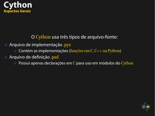 Cython
Aspectos Gerais
O Cython usa três tipos de arquivo-fonte:
Arquivo de implementação .pyx
Contém as implementações (funções em C, C++ ou Python)
Arquivo de definição .pxd
Possui apenas declarações em C para uso em módulos do Cython
 