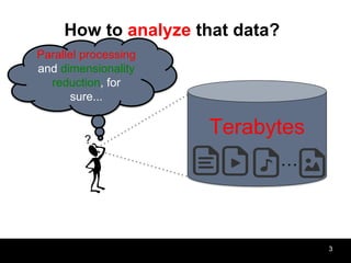 3
Terabytes?
Parallel processing
and dimensionality
reduction, for
sure...
…
How to analyze that data?
 