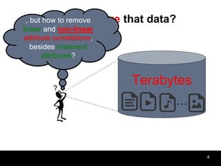 How to analyze that data?
4
Terabytes?
, but how to remove
linear and non-linear
attribute correlations,
besides irrelevant
attributes?
…
 