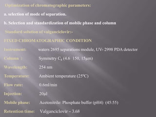 Optimization of chromatographic parameters:

a. selection of mode of separation.

b. Selection and standardization of mobile phase and column

Standard solution of valganciclovir:-

FIXED CHROMATOGRAPHIC CONDITION

Instrument:        waters 2695 separations module, UV- 2998 PDA detector

Column :           Symmetry C8 (4.6 150, 15µm)

Wavelength:        254 nm

Temperature:       Ambient temperature (250C)

Flow rate:         0.6ml/min

Injection:         20µl

Mobile phase:      Acetonitrile: Phosphate buffer (pH4) (45:55)

Retention time:     Valganciclovir – 3.68
 