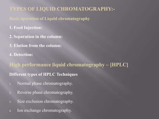 TYPES OF LIQUID CHROMATOGRAPHY:-
Basic operation of Liquid chromatography

1. Feed Injection:

2. Separation in the column:

3. Elution from the column:

4. Detection:

High performance liquid chromatography – [HPLC]
Different types of HPLC Techniques

1.   Normal phase chromatography.

2.   Reverse phase chromatography.

3.   Size exclusion chromatography.

4.   Ion exchange chromatography.
 