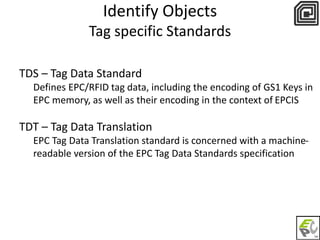 Identify Objects 
Tag specific Standards 
TDS – Tag Data Standard 
Defines EPC/RFID tag data, including the encoding of GS1 Keys in 
EPC memory, as well as their encoding in the context of EPCIS 
TDT – Tag Data Translation 
EPC Tag Data Translation standard is concerned with a machine-readable 
version of the EPC Tag Data Standards specification 
 