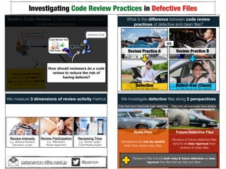Defect-free (Clean)
i.e., ﬁles that do not have defects
Review Practice B
What is the diﬀerence between code review
practices of defective and clean ﬁles?
Review Practice A
VS
Defective
i.e., ﬁles that have defects
We measure 3 dimensions of review activity metrics
Review Intensity
e.g., #Review Iterations,
Discussion Length
Review Participation
e.g., #Reviewers,  
Review Agreement
Reviewing Time
e.g., Review Length,
Code Reading Speed
Defective
i.e., ﬁles that have defects
Past
We investigate defective ﬁles along 2 perspectives
Future
Reviews of future-defective ﬁles
tend to be less rigorous than
reviews of clean ﬁles
Developers are not as careful
when they review risky ﬁles.
Future-Defective Files
Files that will eventually have defects
Risky Files
Files that have historically been defective
Reviews of ﬁles that are both risky & future defective are less
rigorous than ﬁles that are risky but cleanpatanamon-t@is.naist.jp @pamon
Investigating Code Review Practices in Defective Files
Modern Code Review: A lightweight, tool-supported
code review process
Upstream VCS
repositories
Code change
A lack of code review
activity can increase the
risk of post-release defects  
[McIntosh et. al., MSR2014]
My code is awesome!
No needs for a review
Code Review Tool
Code change
How should reviewers do a code
review to reduce the risk of
having defects?
Examine Code
 