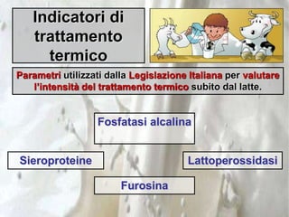 Indicatori di
trattamento
termico
Parametri utilizzati dalla Legislazione Italiana per valutare
l’intensità del trattamento termico subito dal latte.
Fosfatasi alcalina
Lattoperossidasi
Sieroproteine
Furosina
 